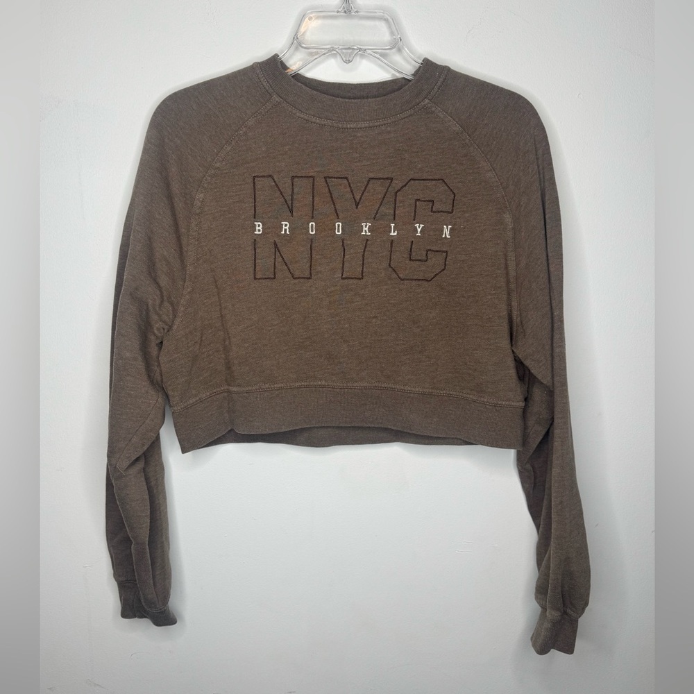Brown NYC Brooklyn Women's Small Crop long sleeve sweatshirt crew neck sweater